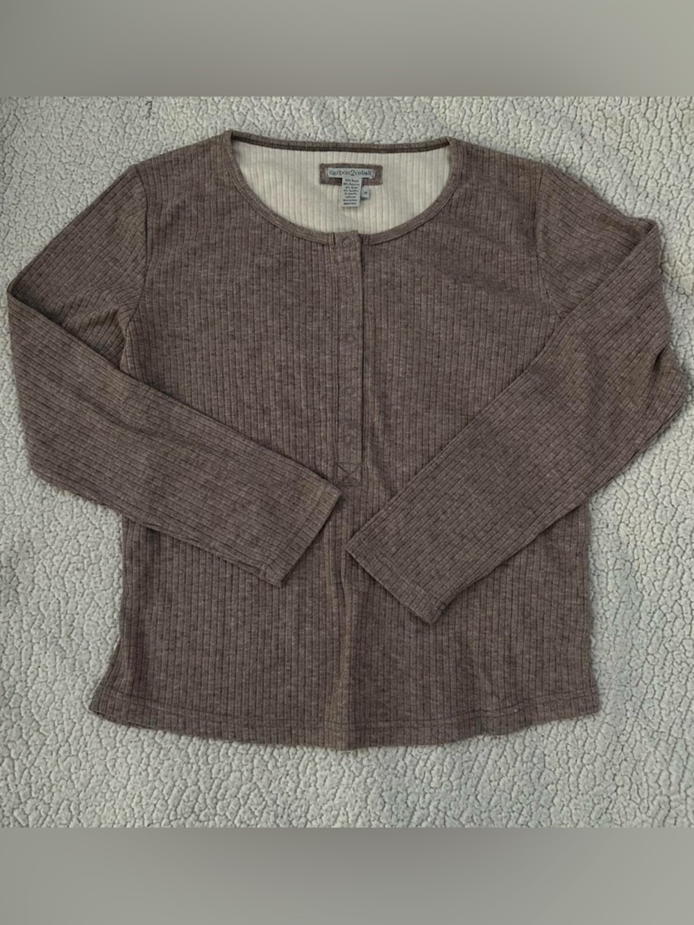 Brown long sleeve button up top with a ribbed texture